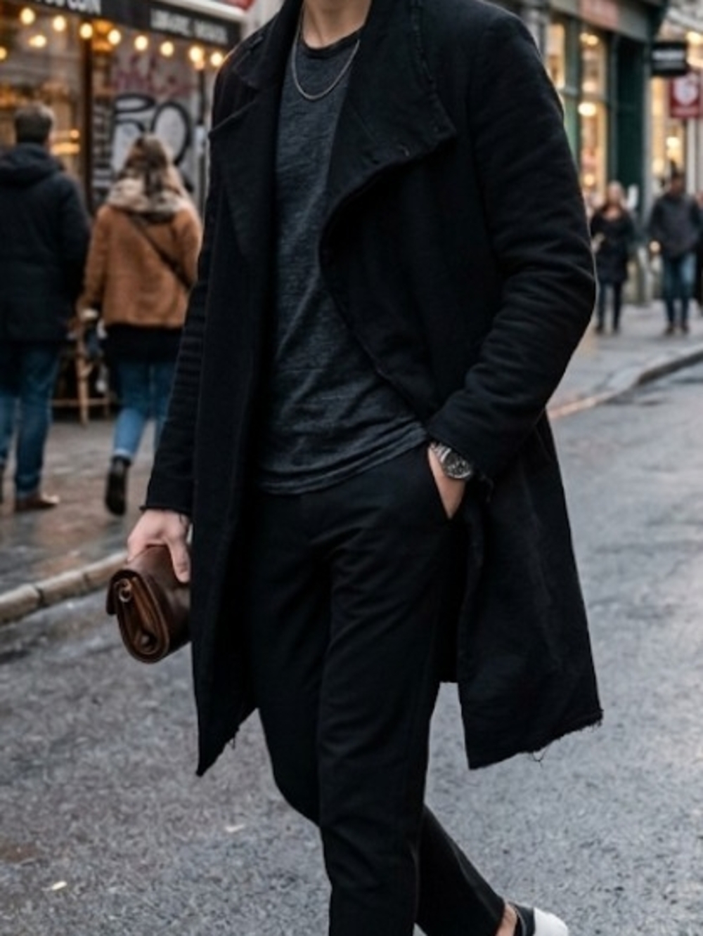 Men's Black Trench Coat W/ Asymmetrical Funnel Neck (S) Modern Cyber Minimalist